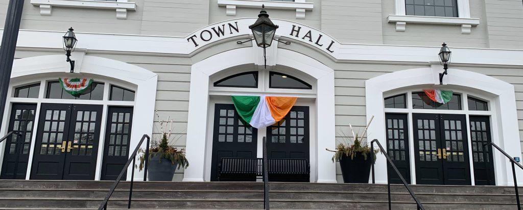 Saint Patrick's Day Bunting on display at Holliston Town Hall, March 2024